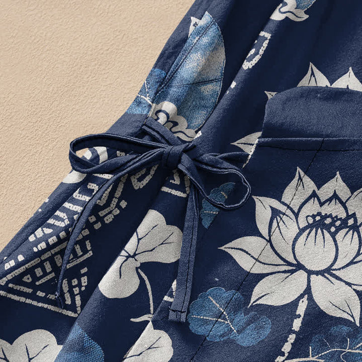 Buddha Stones Kimono da donna a maniche lunghe, stile Hanfu, con scollo a V e allacciatura, in cotone, con motivo floreale retrò a rombi e spirale di loto. - image 3