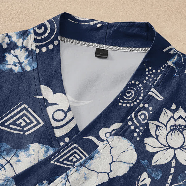 Buddha Stones Kimono da donna a maniche lunghe, stile Hanfu, con scollo a V e allacciatura, in cotone, con motivo floreale retrò a rombi e spirale di loto. - image 2