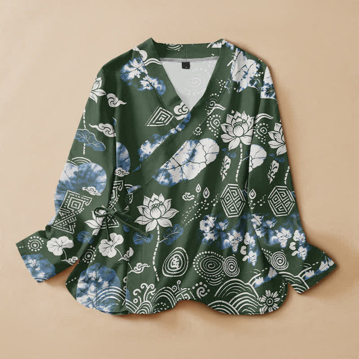 Buddha Stones Kimono da donna a maniche lunghe, stile Hanfu, con scollo a V e allacciatura, in cotone, con motivo floreale retrò a rombi e spirale di loto. - Verde scuro - US16, UK/AU20, EU48 (3XL) - image 5