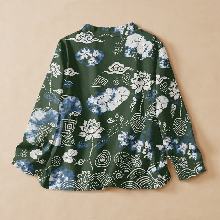Buddha Stones Kimono da donna a maniche lunghe, stile Hanfu, con scollo a V e allacciatura, in cotone, con motivo floreale retrò a rombi e spirale di loto. - image 6