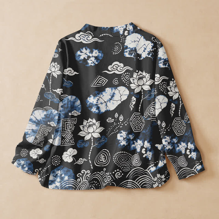 Buddha Stones Kimono da donna a maniche lunghe, stile Hanfu, con scollo a V e allacciatura, in cotone, con motivo floreale retrò a rombi e spirale di loto. - image 8