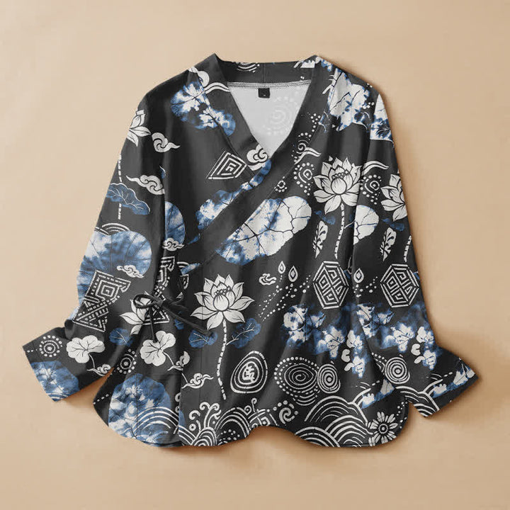 Buddha Stones Kimono da donna a maniche lunghe, stile Hanfu, con scollo a V e allacciatura, in cotone, con motivo floreale retrò a rombi e spirale di loto. - Nero - US16, UK/AU20, EU48 (3XL) - image 7
