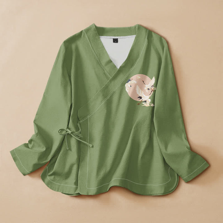 Buddha Stones Kimono da donna a maniche lunghe con scollo a V e allacciatura, in cotone con motivo gru orientale. - Verde oliva - US16, UK/AU20, EU48 (3XL) - image 0