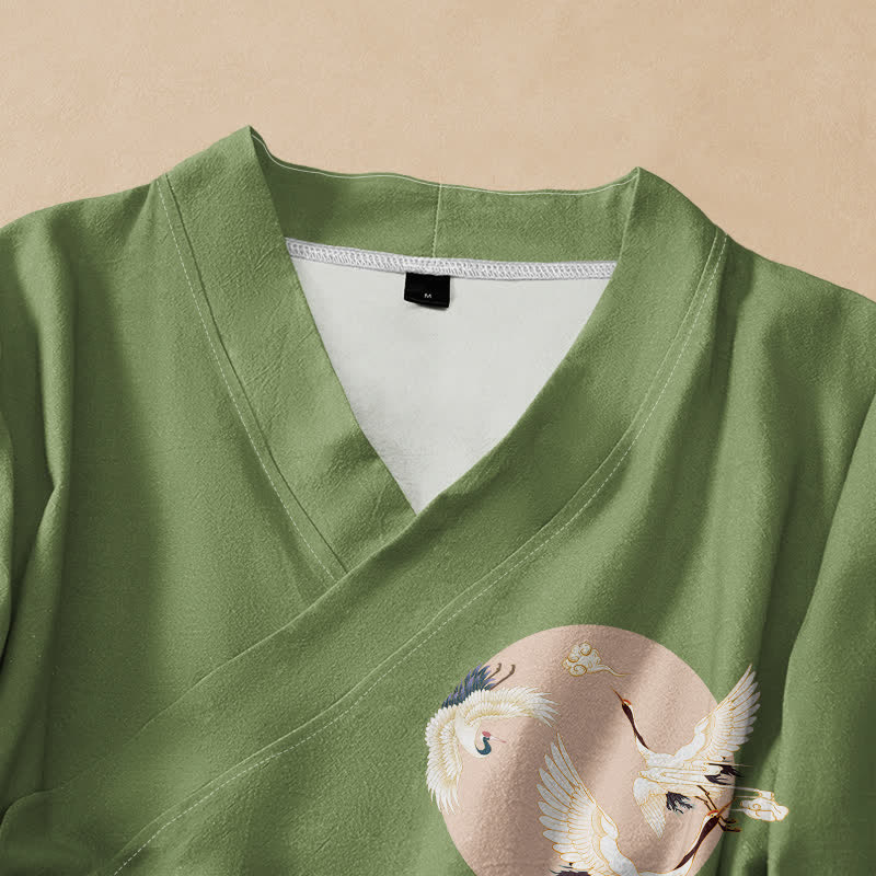 Buddha Stones Kimono da donna a maniche lunghe con scollo a V e allacciatura, in cotone con motivo gru orientale. - image 2