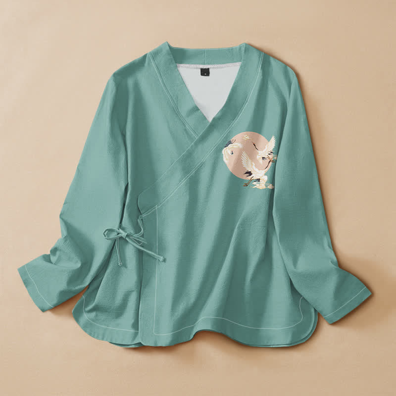 Buddha Stones Kimono da donna a maniche lunghe con scollo a V e allacciatura, in cotone con motivo gru orientale. - Verde Mare Chiaro - US16, UK/AU20, EU48 (3XL) - image 5
