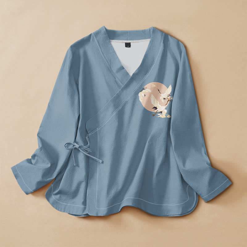 Buddha Stones Kimono da donna a maniche lunghe con scollo a V e allacciatura, in cotone con motivo gru orientale. - Azzurro chiaro - US16, UK/AU20, EU48 (3XL) - image 7