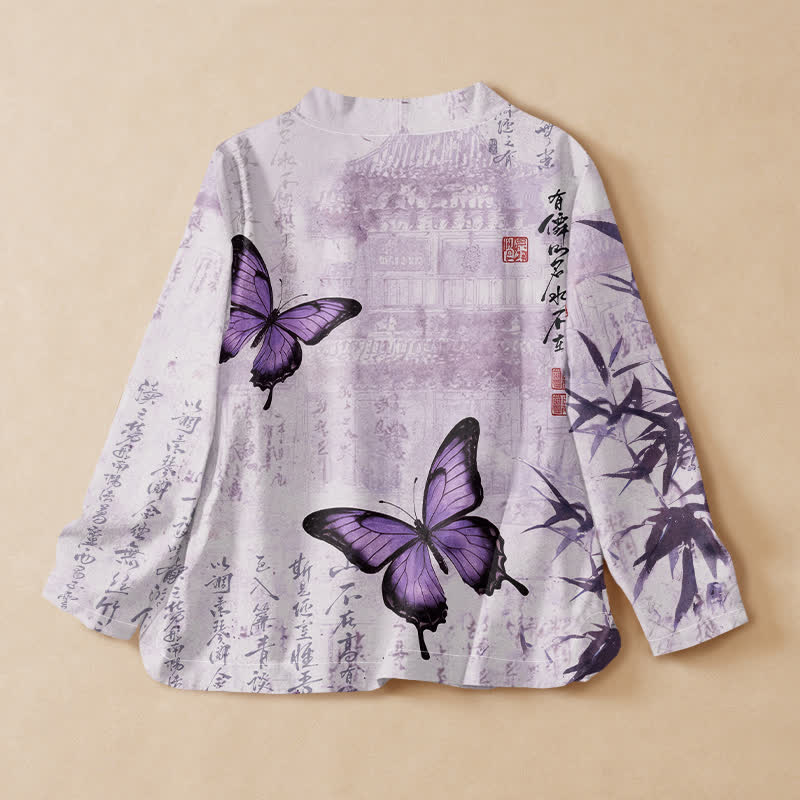 Buddha Stones Kimono da donna a maniche lunghe con scollo a V, stampa a farfalla e stampa di bambù, in cotone e bambù. - image 1