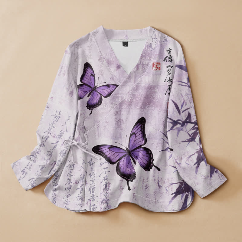 Buddha Stones Kimono da donna a maniche lunghe con scollo a V, stampa a farfalla e stampa di bambù, in cotone e bambù. - Cardo - US16, UK/AU20, EU48 (3XL) - image 0