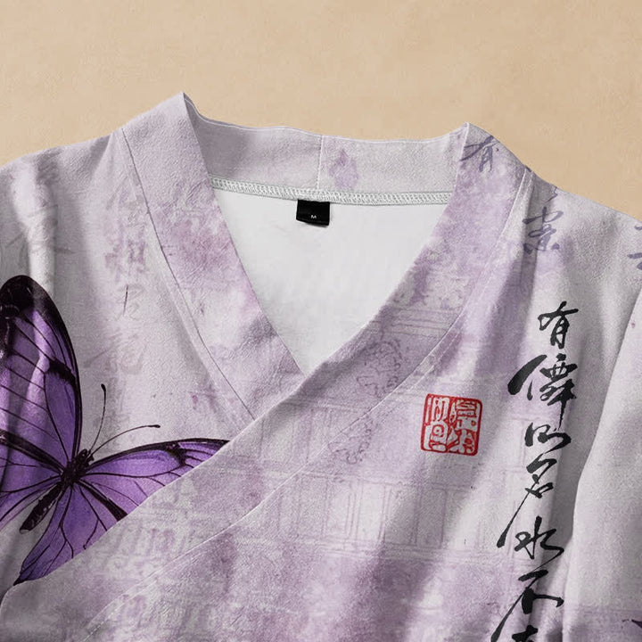 Buddha Stones Kimono da donna a maniche lunghe con scollo a V, stampa a farfalla e stampa di bambù, in cotone e bambù. - image 2