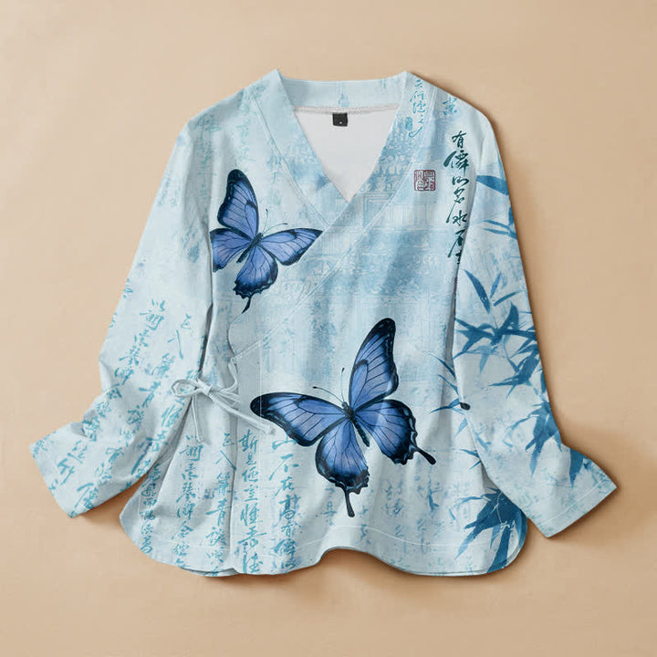 Buddha Stones Kimono da donna a maniche lunghe con scollo a V, stampa a farfalla e stampa di bambù, in cotone e bambù. - Azzurro chiaro - US16, UK/AU20, EU48 (3XL) - image 5