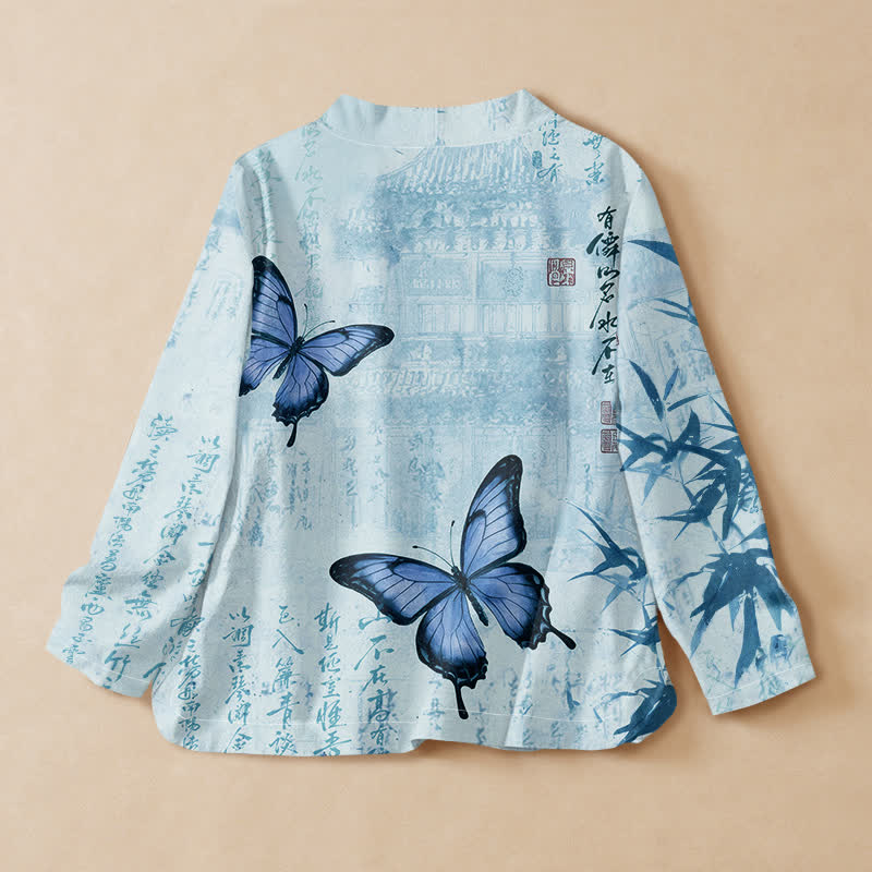 Buddha Stones Kimono da donna a maniche lunghe con scollo a V, stampa a farfalla e stampa di bambù, in cotone e bambù. - image 6