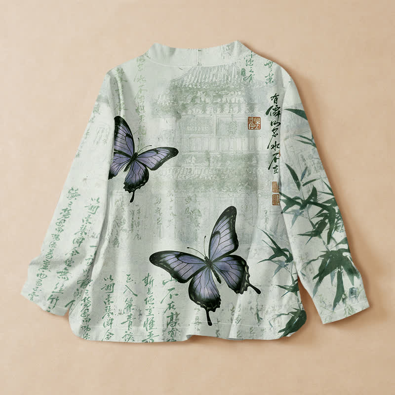 Buddha Stones Kimono da donna a maniche lunghe con scollo a V, stampa a farfalla e stampa di bambù, in cotone e bambù. - image 8