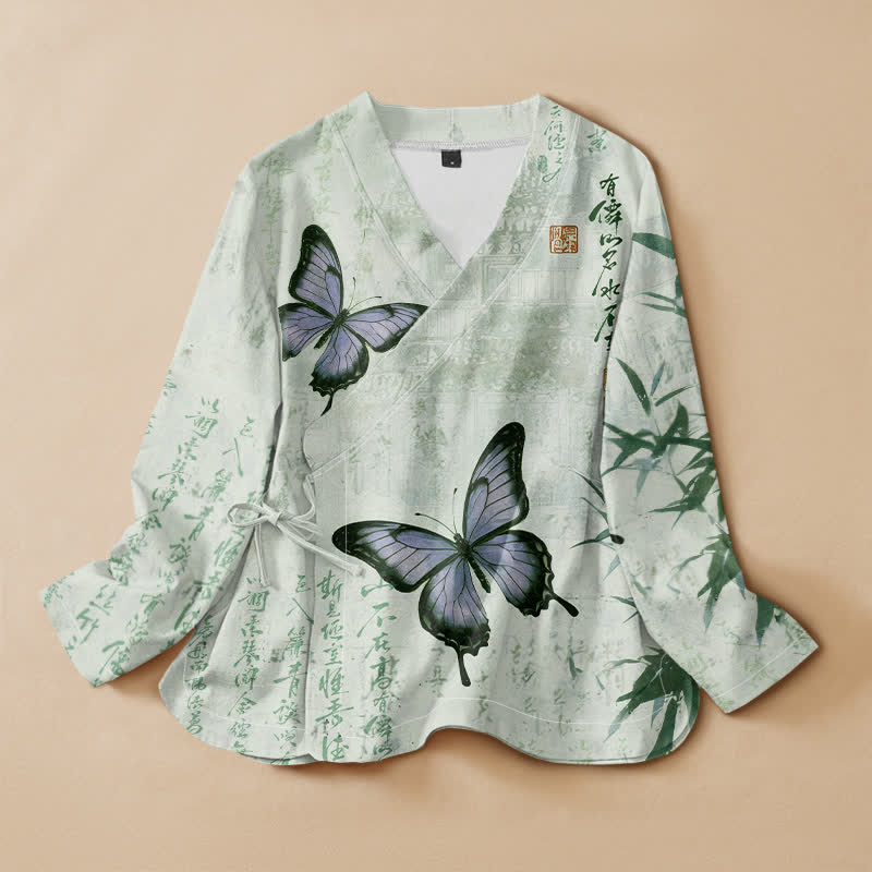 Buddha Stones Kimono da donna a maniche lunghe con scollo a V, stampa a farfalla e stampa di bambù, in cotone e bambù. - Melata - US16, UK/AU20, EU48 (3XL) - image 7