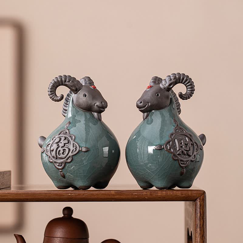 Buddha Stones Statuetta in ceramica di capra dalle corna arricciate, di buon auspicio, graziosa decorazione a forma di animale - image 13