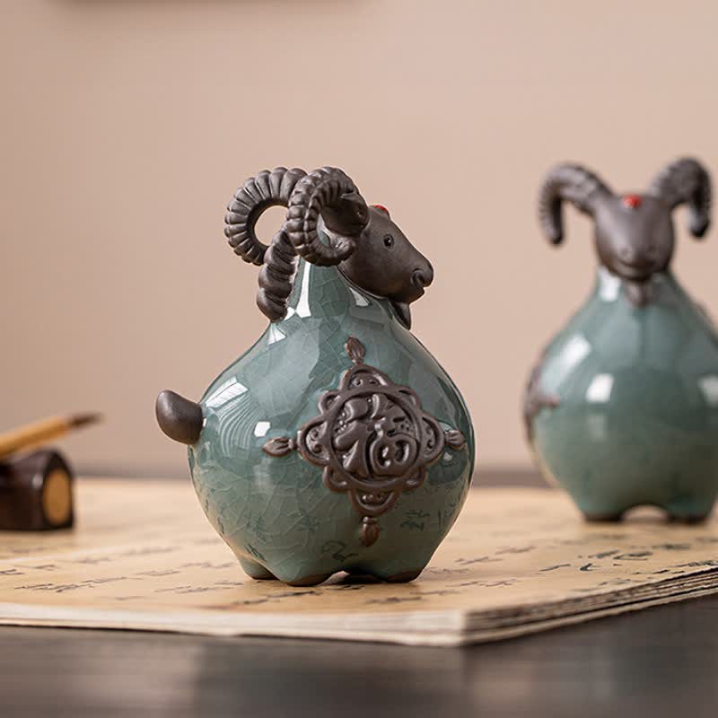Buddha Stones Statuetta in ceramica di capra dalle corna arricciate, di buon auspicio, graziosa decorazione a forma di animale - image 5