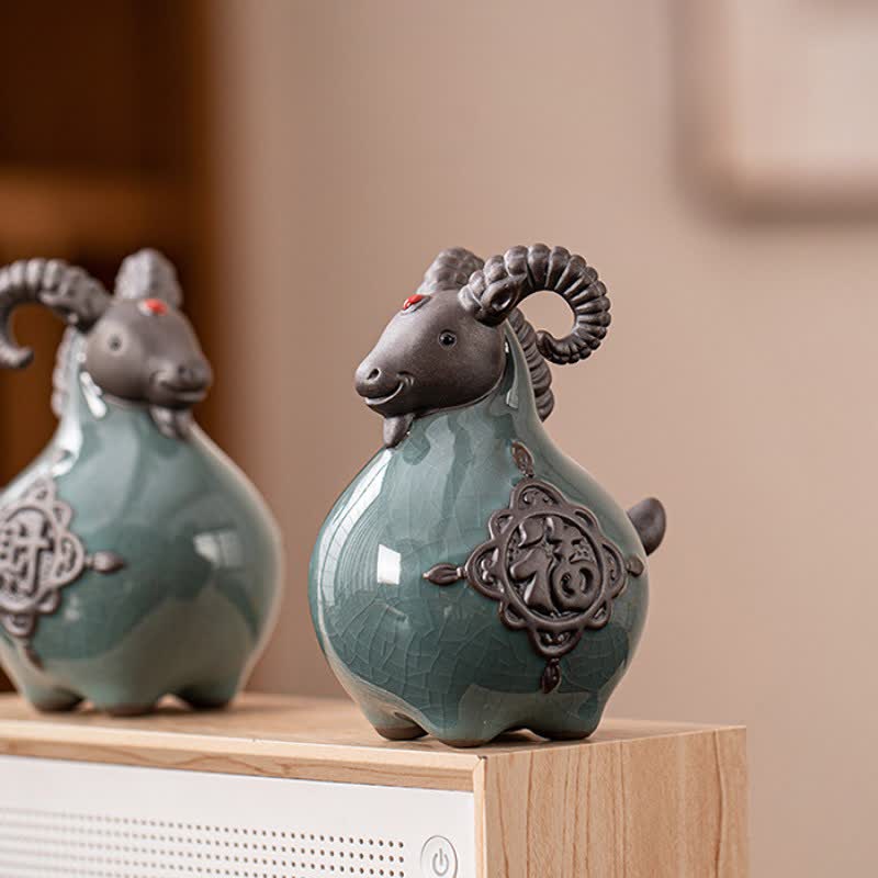 Buddha Stones Statuetta in ceramica di capra dalle corna arricciate, di buon auspicio, graziosa decorazione a forma di animale - image 15