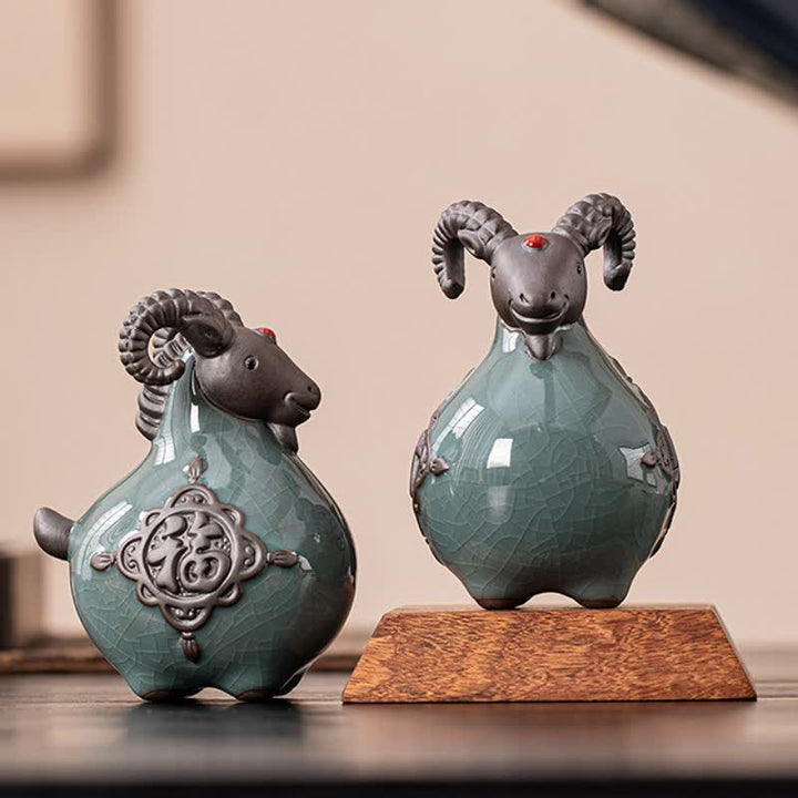 Buddha Stones Statuetta in ceramica di capra dalle corna arricciate, di buon auspicio, graziosa decorazione a forma di animale - image 4