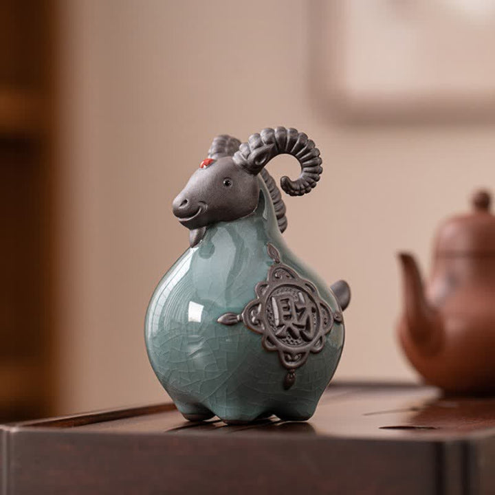 Buddha Stones Statuetta in ceramica di capra dalle corna arricciate, di buon auspicio, graziosa decorazione a forma di animale - image 8