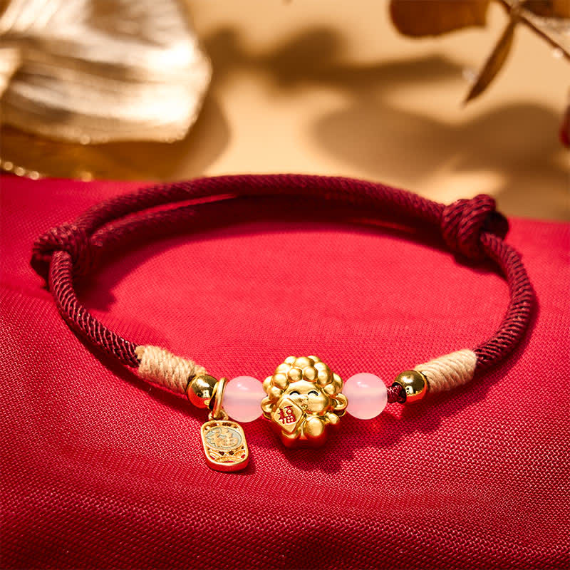 Buddha Stones Braccialetto con cordino rosso e simbolo della pecora Fu in argento sterling 999, anno della capra, con carattere di benedizione. - image 1