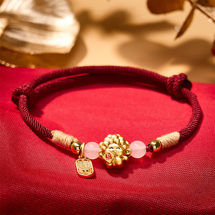 Buddha Stones Braccialetto con cordino rosso e simbolo della pecora Fu in argento sterling 999, anno della capra, con carattere di benedizione. - image 1