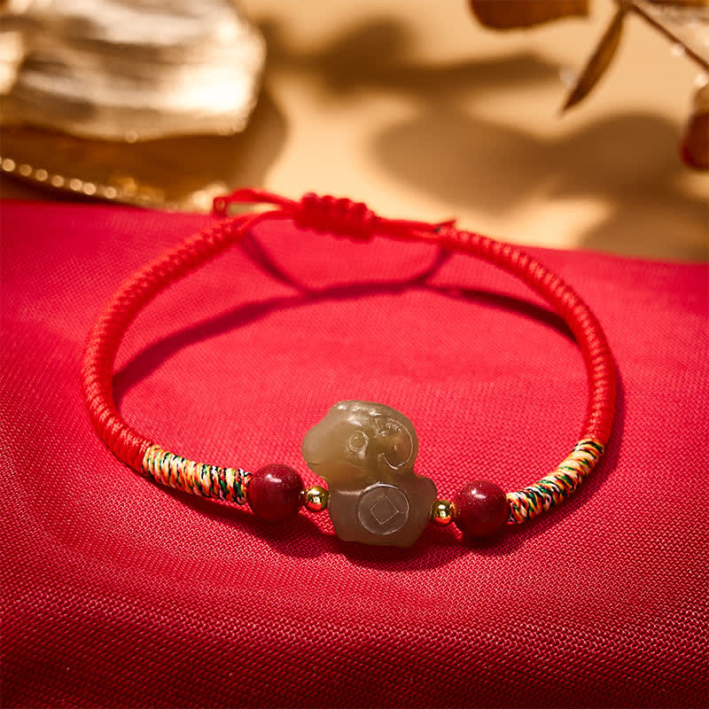 Buddha Stones Braccialetto intrecciato con ciondolo a forma di capra in giada Hetian e protezione in cinabro, anno della capra. - image 1