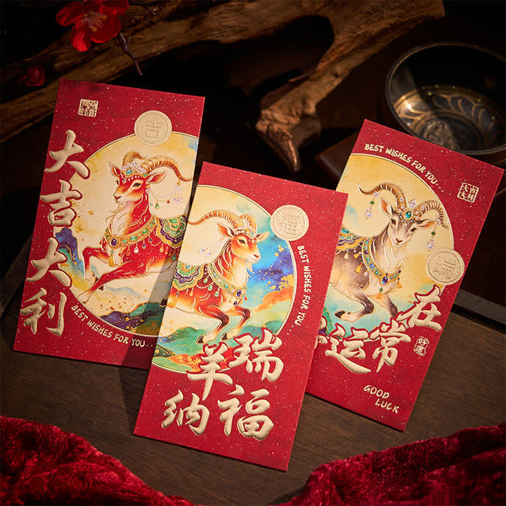 Buddha Stones Set di 6 buste rosse per l'Anno della Capra, portafortuna e prosperità per il Capodanno cinese. - image 3