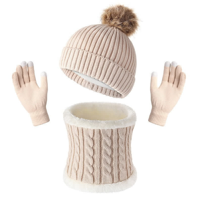 Buddha Stones Sciarpa, cappello e guanti da donna in maglia a coste con pon pon, perfetti per autunno/inverno. - Beige - image 7