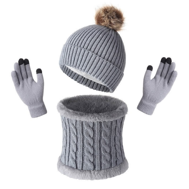 Buddha Stones Sciarpa, cappello e guanti da donna in maglia a coste con pon pon, perfetti per autunno/inverno. - Grigio - image 0
