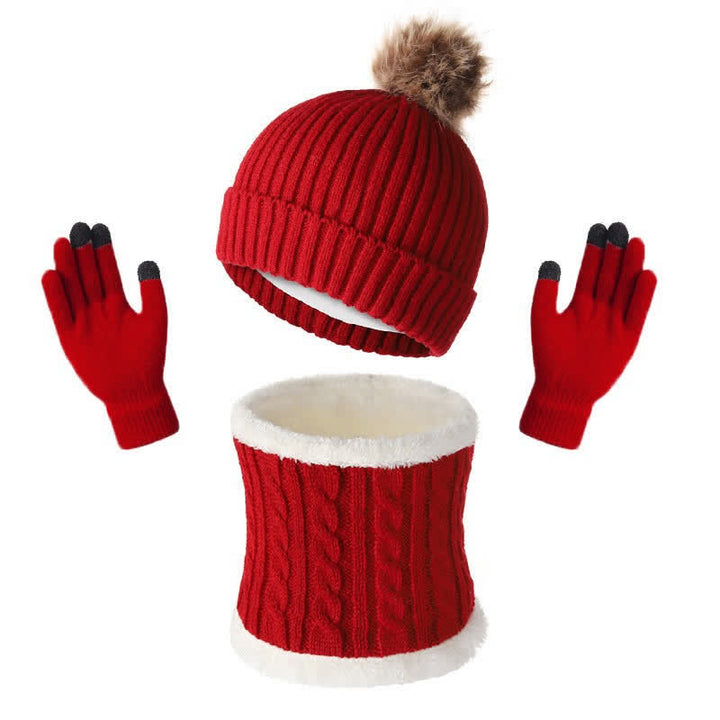 Buddha Stones Sciarpa, cappello e guanti da donna in maglia a coste con pon pon, perfetti per autunno/inverno. - Rosso - image 10