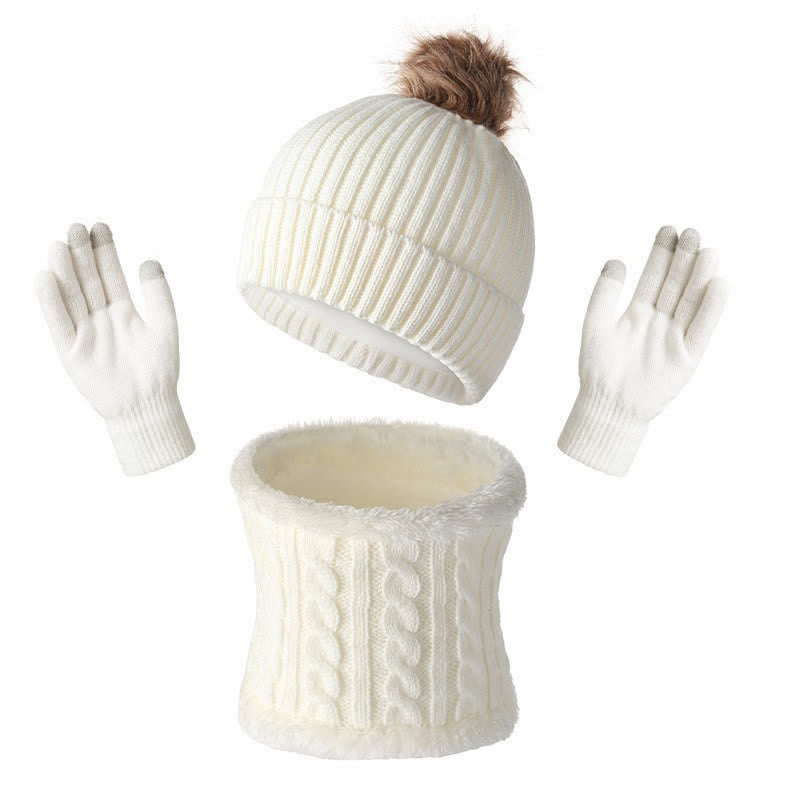 Buddha Stones Sciarpa, cappello e guanti da donna in maglia a coste con pon pon, perfetti per autunno/inverno. - Bianco - image 13