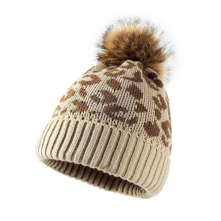 Buddha Stones Cappello da donna a coste con pompon e fantasia leopardata, ideale per l'autunno/inverno. - Beige - image 0