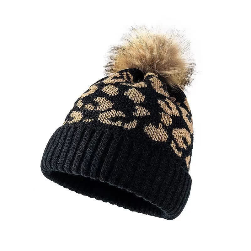 Buddha Stones Cappello da donna a coste con pompon e fantasia leopardata, ideale per l'autunno/inverno. - Nero - image 2