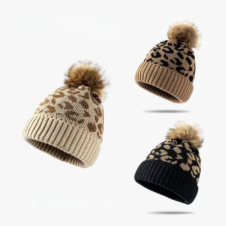 Buddha Stones Cappello da donna a coste con pompon e fantasia leopardata, ideale per l'autunno/inverno. - image 6