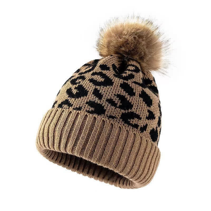 Buddha Stones Cappello da donna a coste con pompon e fantasia leopardata, ideale per l'autunno/inverno. - Tan - image 1