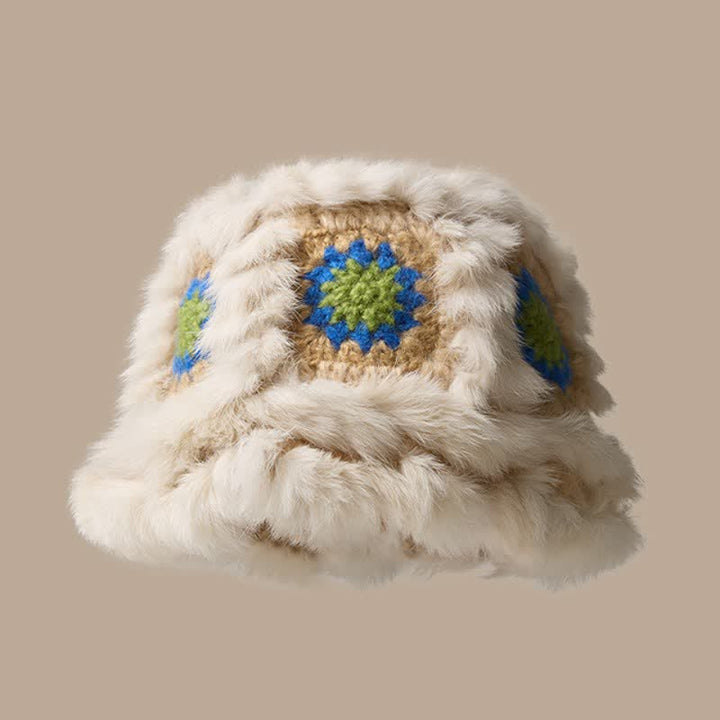 Buddha Stones Cappello da donna a secchiello in peluche con ricamo geometrico floreale, ideale per autunno/inverno. - Avorio - image 1
