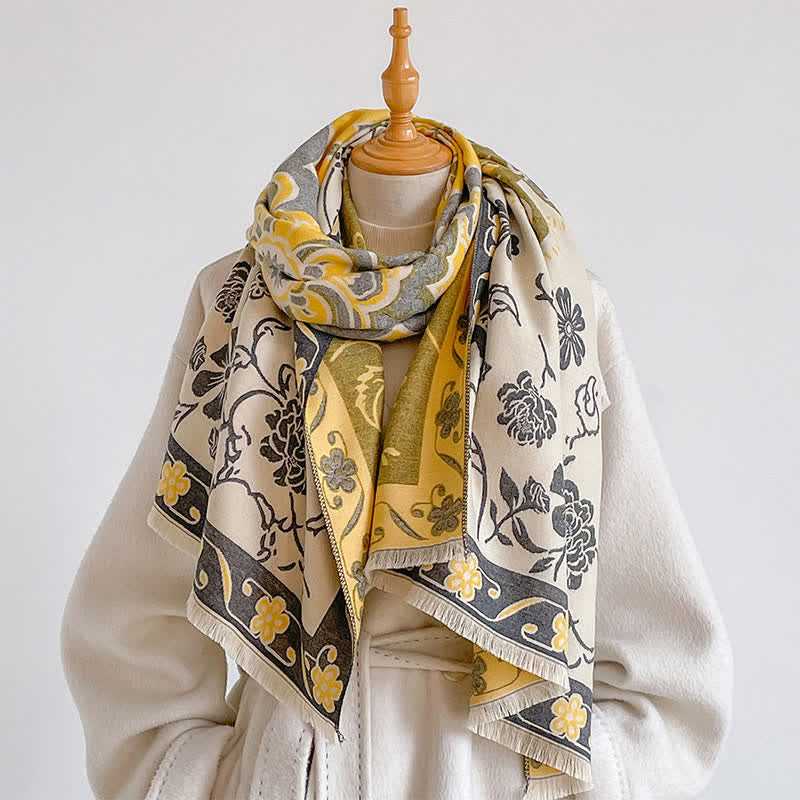 Buddha Stones Sciarpa da donna stile scialle vintage floreale con nappe, autunno/inverno. - Oro - image 4