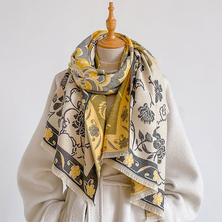 Buddha Stones Sciarpa da donna stile scialle vintage floreale con nappe, autunno/inverno. - Oro - image 4