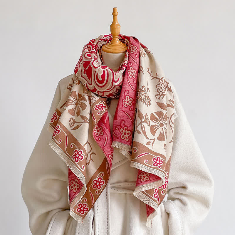Buddha Stones Sciarpa da donna stile scialle vintage floreale con nappe, autunno/inverno. - Cremisi - image 6