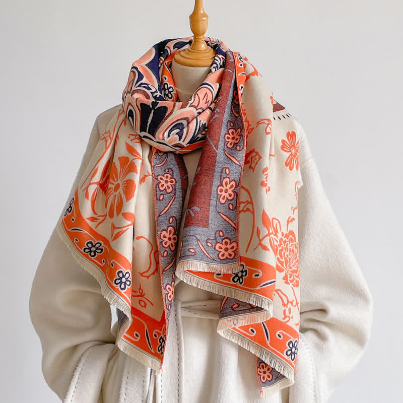Buddha Stones Sciarpa da donna stile scialle vintage floreale con nappe, autunno/inverno. - Corallo - image 1