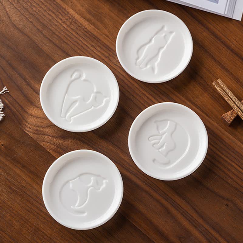 Buddha Stones Elegante piattino rotondo in ceramica bianca con silhouette di gatto. - image 13
