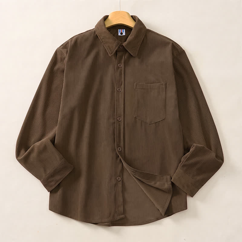 Buddha Stones Camicia da uomo a maniche lunghe in velluto a coste tinta unita, stile vintage, con taschino applicato, ideale per autunno/inverno. - image 1