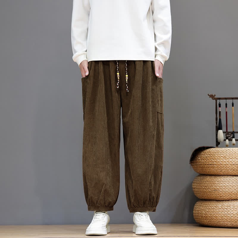 Buddha Stones Pantaloni corti da uomo in velluto a coste tinta unita con coulisse, ideali per autunno/inverno, modello harem con tasche. - image 1