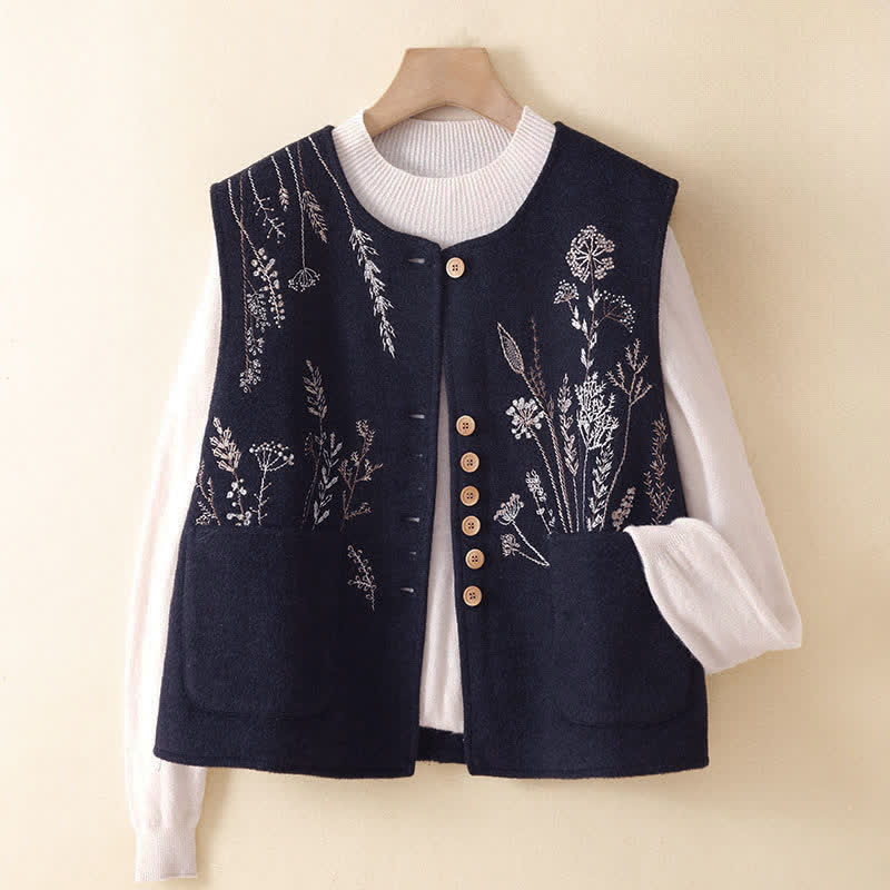 Buddha Stones Canotta classica vintage autunno/inverno con ricami floreali ed erba, gilet da donna con tasche - image 10