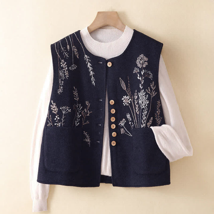 Buddha Stones Canotta classica vintage autunno/inverno con ricami floreali ed erba, gilet da donna con tasche - image 10