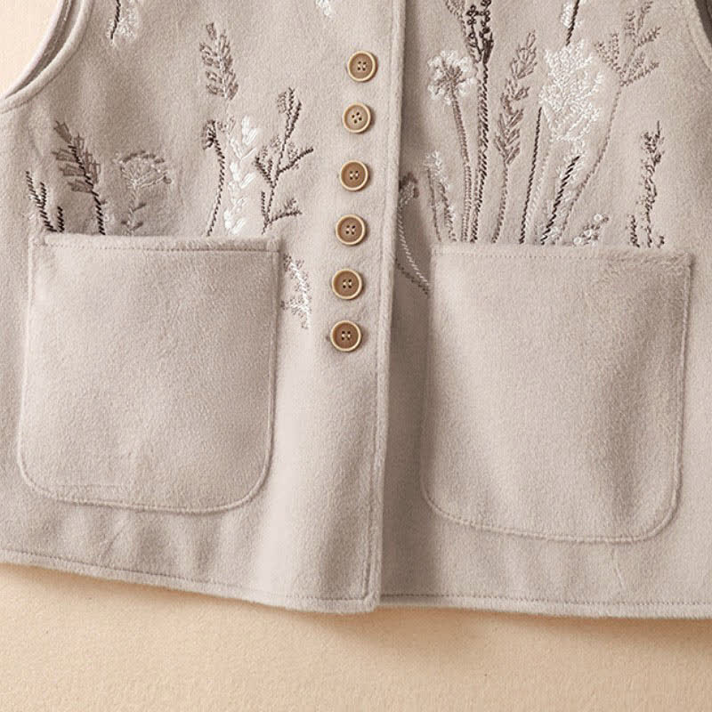 Buddha Stones Canotta classica vintage autunno/inverno con ricami floreali ed erba, gilet da donna con tasche - image 31