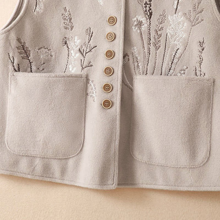 Buddha Stones Canotta classica vintage autunno/inverno con ricami floreali ed erba, gilet da donna con tasche - image 31