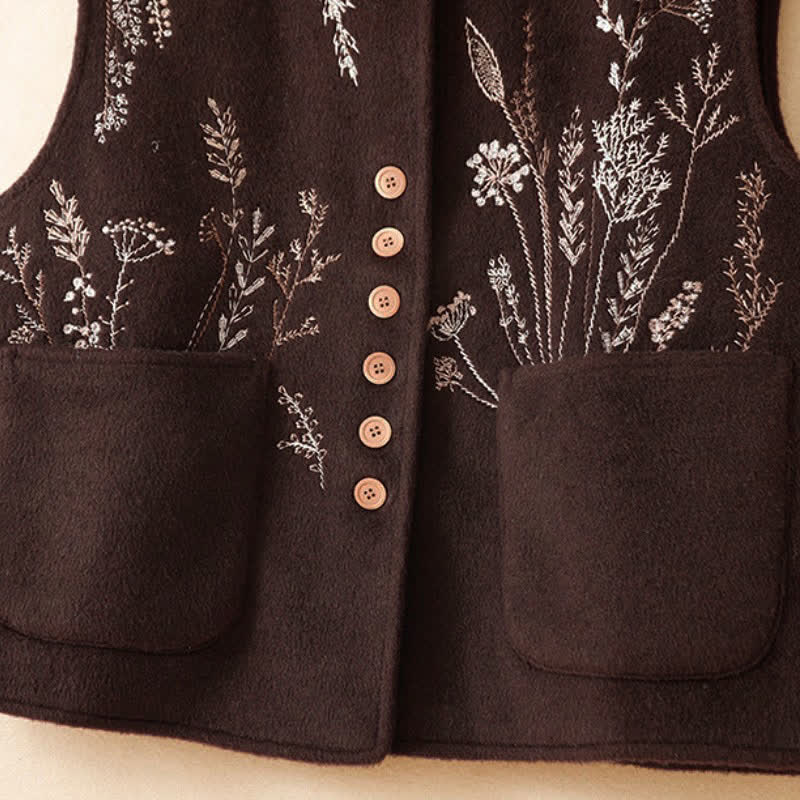 Buddha Stones Canotta classica vintage autunno/inverno con ricami floreali ed erba, gilet da donna con tasche - image 6