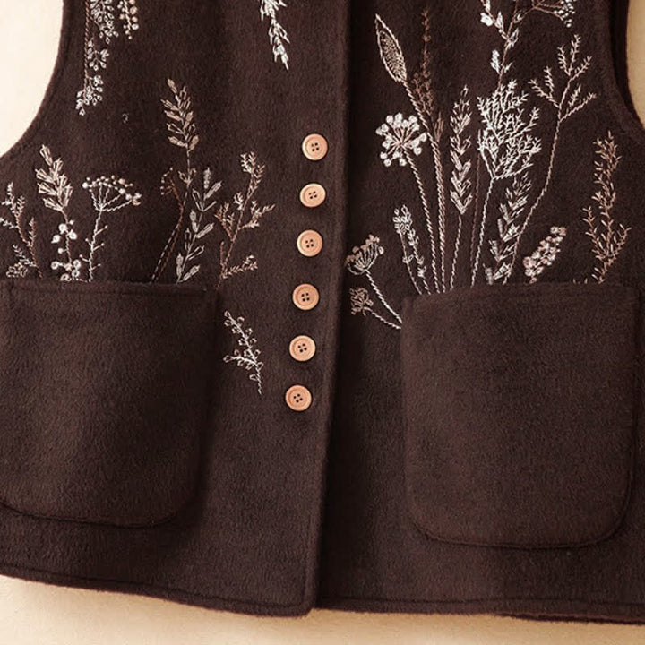Buddha Stones Canotta classica vintage autunno/inverno con ricami floreali ed erba, gilet da donna con tasche - image 6
