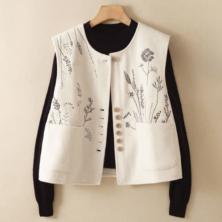 Buddha Stones Canotta classica vintage autunno/inverno con ricami floreali ed erba, gilet da donna con tasche - image 17