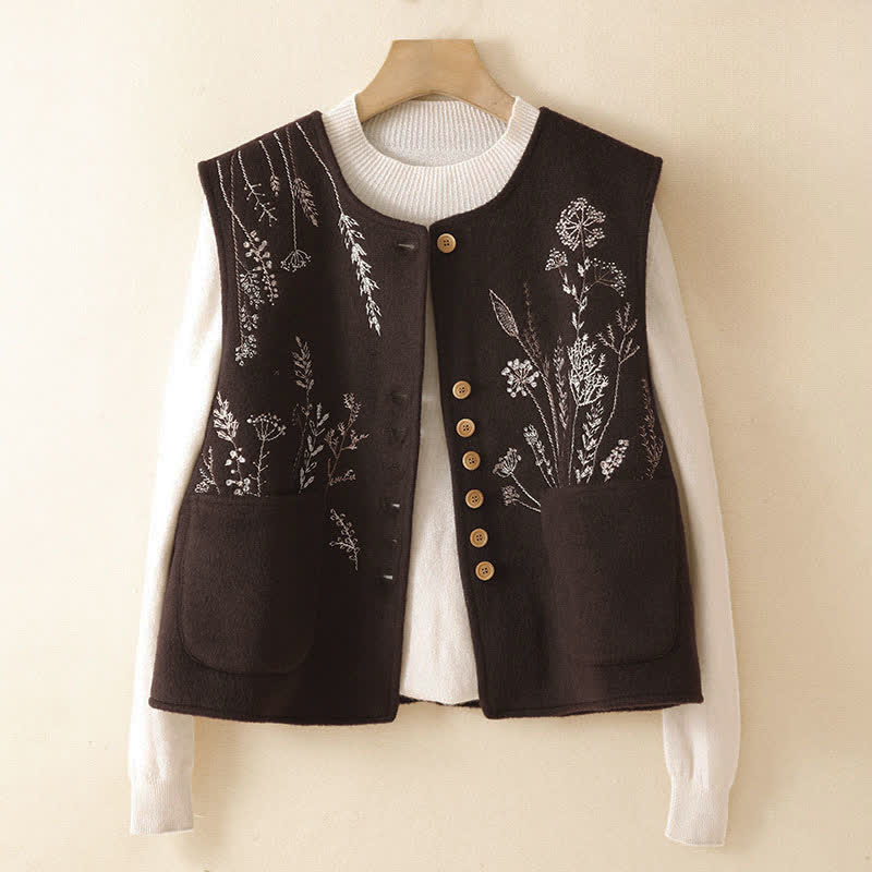 Buddha Stones Canotta classica vintage autunno/inverno con ricami floreali ed erba, gilet da donna con tasche - image 1